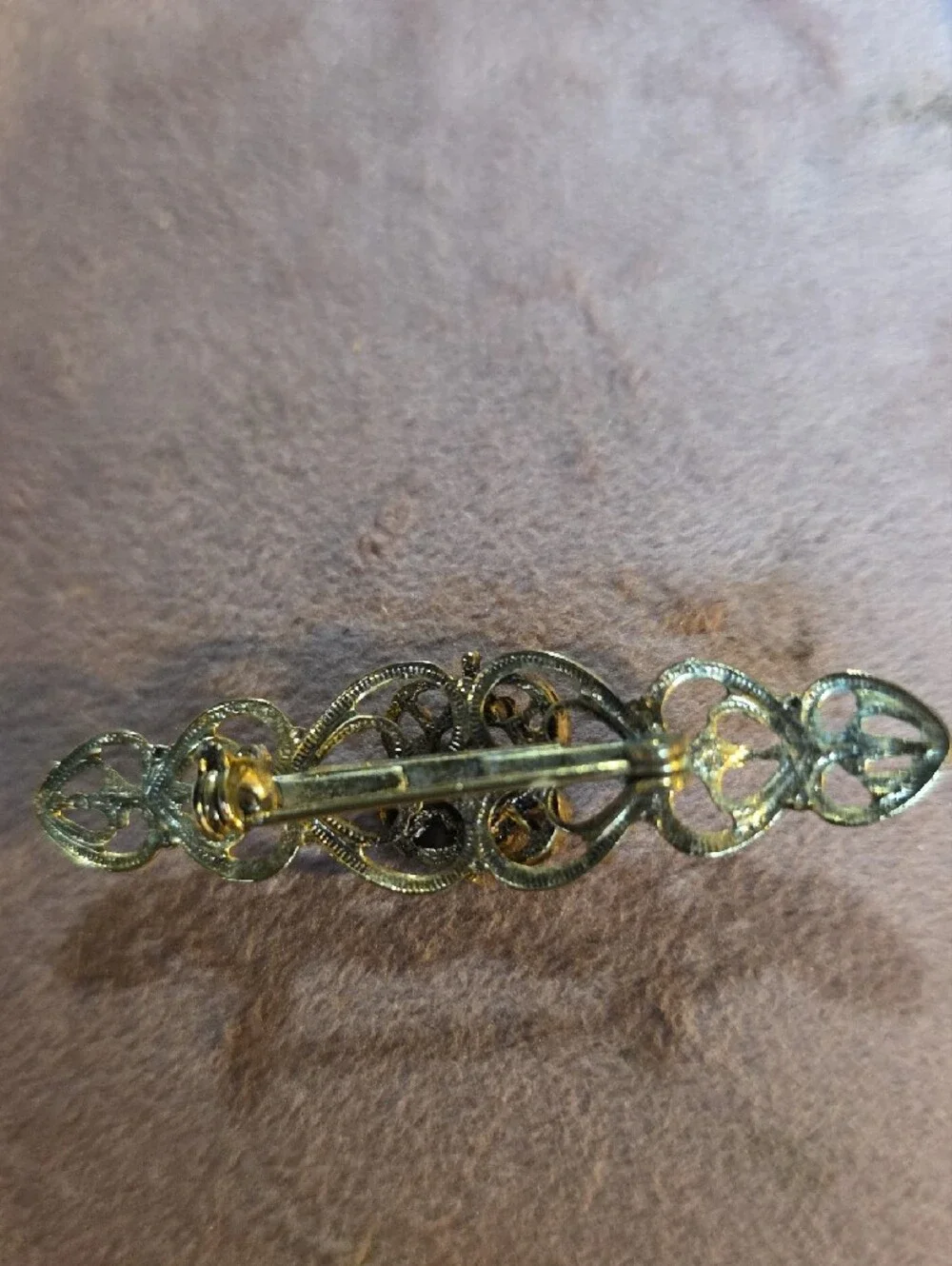 Vintage Ornate Openwork Filigree Bar Brooch With Rhinestone Accent